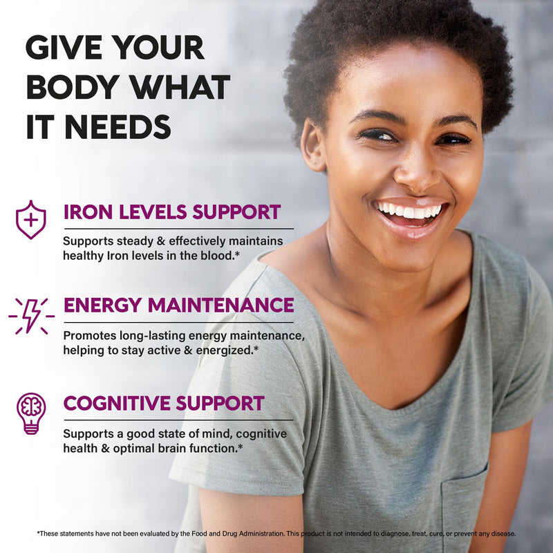 Iron Supplement for Women - Iron 65mg (Ferrous Sulfate 325mg) - 60 Caps | Iron Level & Energy Support - Vitamins C, D3, B6, B12 & Folate - Stomach Friendly, Slow Release, Bioavailable - 60-Day Supply 60 Count (Pack of 1)