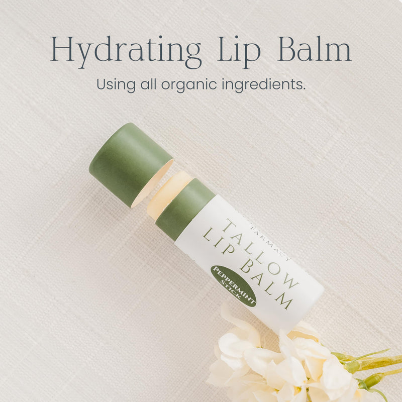 Organic Tallow Lip Balm (Peppermint) from Grass Fed Cows. Super hydrating with Tallow, Olive Oil, Honey, and Beeswax. Sustainable Cardboard Tubes & Hand Filled. Jumbo Size 0.5 oz. Peppermint