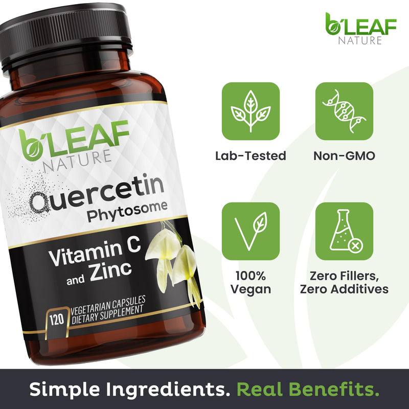 B'LEAF NATURE Quercetin Phytosome, 120 Capsules – 1000mg High Absorption Quercetin with Vitamin C and Zinc – Non-GMO Vegetarian Quercetin Supplement for Immune, Energy and Seasonal Support