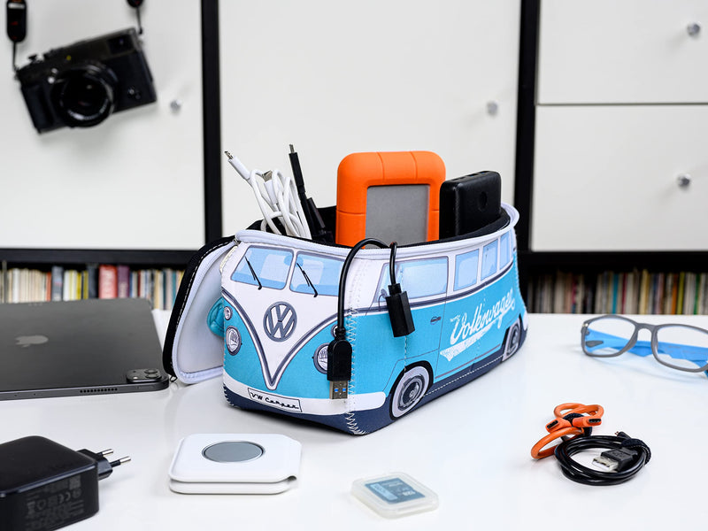 BRISA VW Collection - T1 Bus Camper Toiletry Bag Cosmetic Case | Volkswagen Toiletry Bag Cosmetic Case, Water-Repellent, Hanging Hook, 4 Mesh Pockets for Travel, Neoprene, Turquoise Large Large (11.8 X 5.5 X 4.7 Inches)
