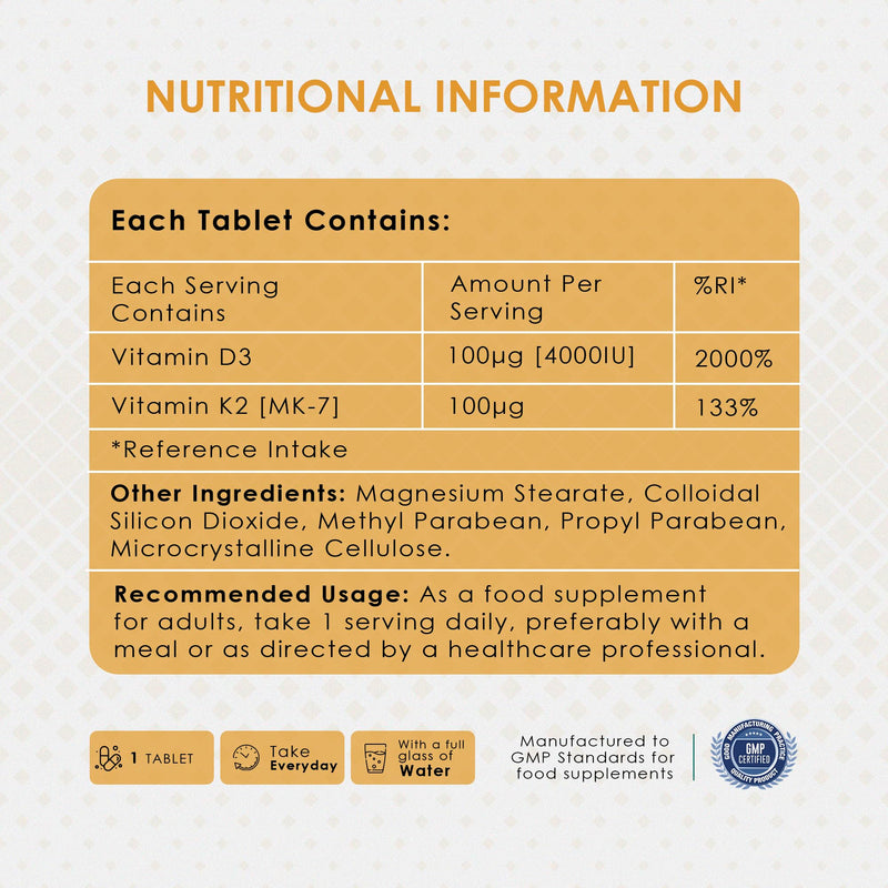 Ambrosial Vitamin D3 & K2 Tablets 4000IU Vitamin D3 + 100µg Vitamin K2 MK-7 for Healthy Bones, Muscles, and to Support the Immune System - 120 Tablets