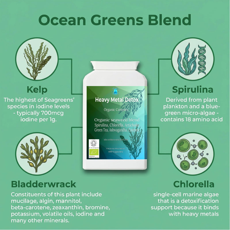 Heavy Metal Detox Cleanse Organic Complex Bladderwrack Seaweed, Iodine, Sea Kelp, Chlorella Spirulina Capsules, Artichoke, Green Tea, Alfalfa, Cayenne Pepper 100 Super Greens Powder Tablets Adults