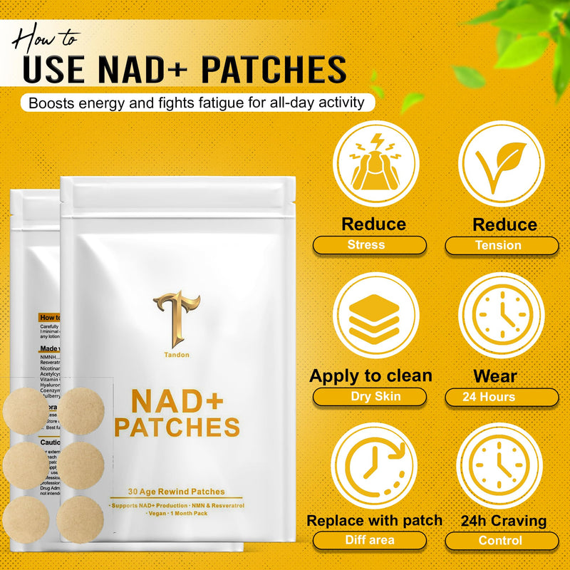 Tandon NAD+ Transdermal Wellness Patches – 30-Day Supply with NMN, Resveratrol, NR, Vitamin C, CoQ10 & Hyaluronic Acid for Clean Energy & Vitality Support – Vegan, Easy-to-Wear Skin Patches