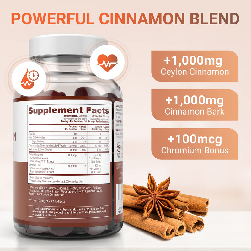 [Australia] - Sugar-Free Ceylon Cinnamon Gummies (2,000mg/Serving) Joint Pain Support Cinnamon Supplement & Brain Health, Vegan, Gluten-Free, Replace Ceylon Cinnamon Capsules, Pills, Powder Extract 60 Chews 