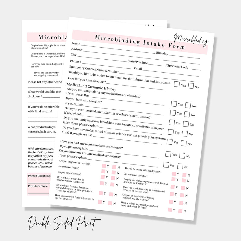 [Australia] - Microblading Intake, Consent, and Aftercare Form | Printed Physical 8.5 x 11" A1 Forms | Clients Signature | White and Pink Design 