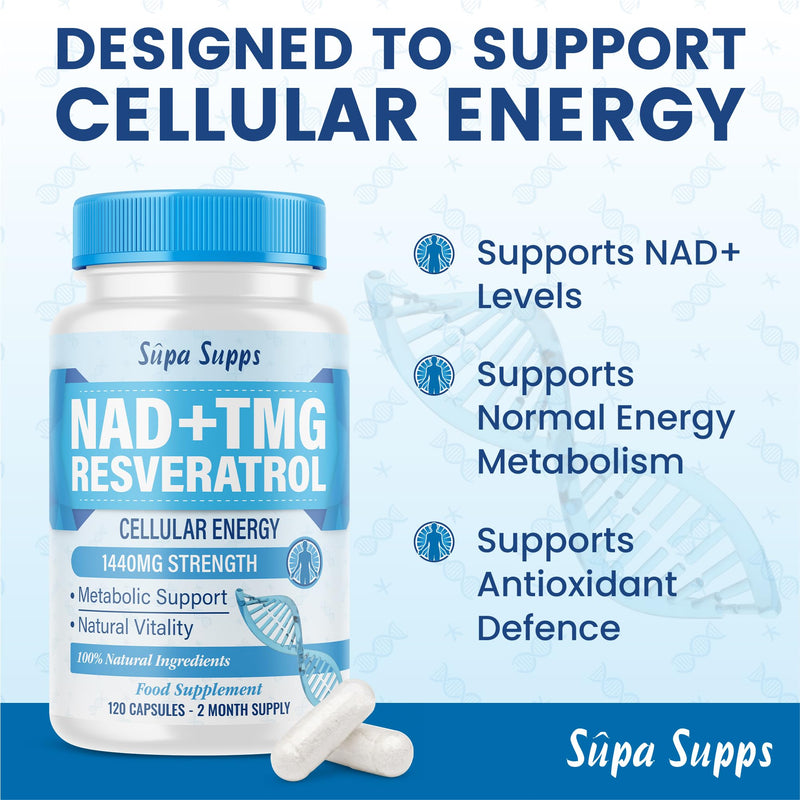 NAD+ TMG, Resveratrol -120 Capsules, 60 Day Supply, Cellular Energy Aid, Methylation Support, Antioxidant Complex, Vegan Friendly, High Strength Formula, NAD Supplements UK, Daily Vitality Support