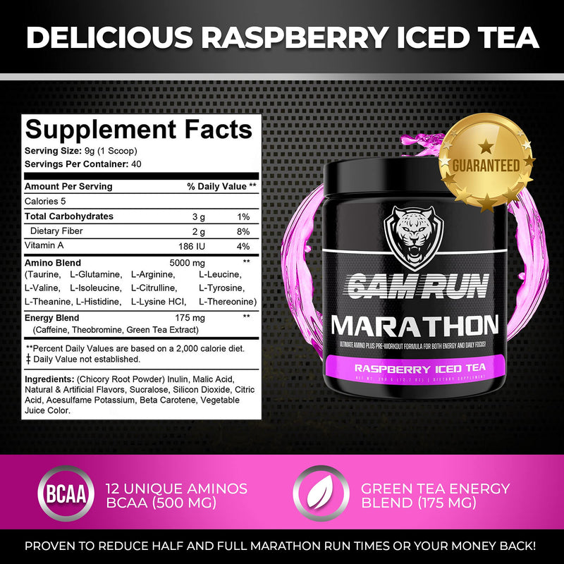 [Australia] - 6AM Run Marathon - Pre Workout Powder for Distance Running & Essential Amino Energy - No Jitters, High Energy for Cardio & Stamina Formula - All Natural, Keto, Vegan (Raspberry Iced Tea, Full Bottle) Raspberry Iced Tea 12.7 Ounce (Pack of 1) 