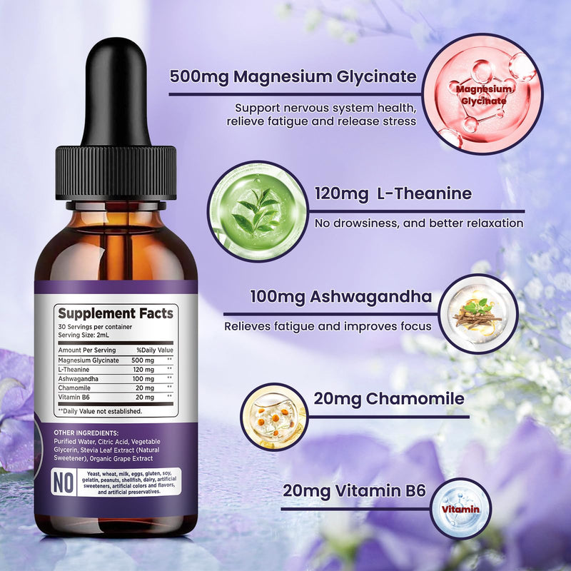 (2 Pack) Magnesium Glycinate Liquid Drops 500mg, with Vitamin B6, Ashwagandha, L - Theanine, Chamomile, Magnesium Glycinate Supplement High Absorption for Sleep, Stress, Energy Mood - Grape Flavor 2 Fl Oz (Pack of 2)