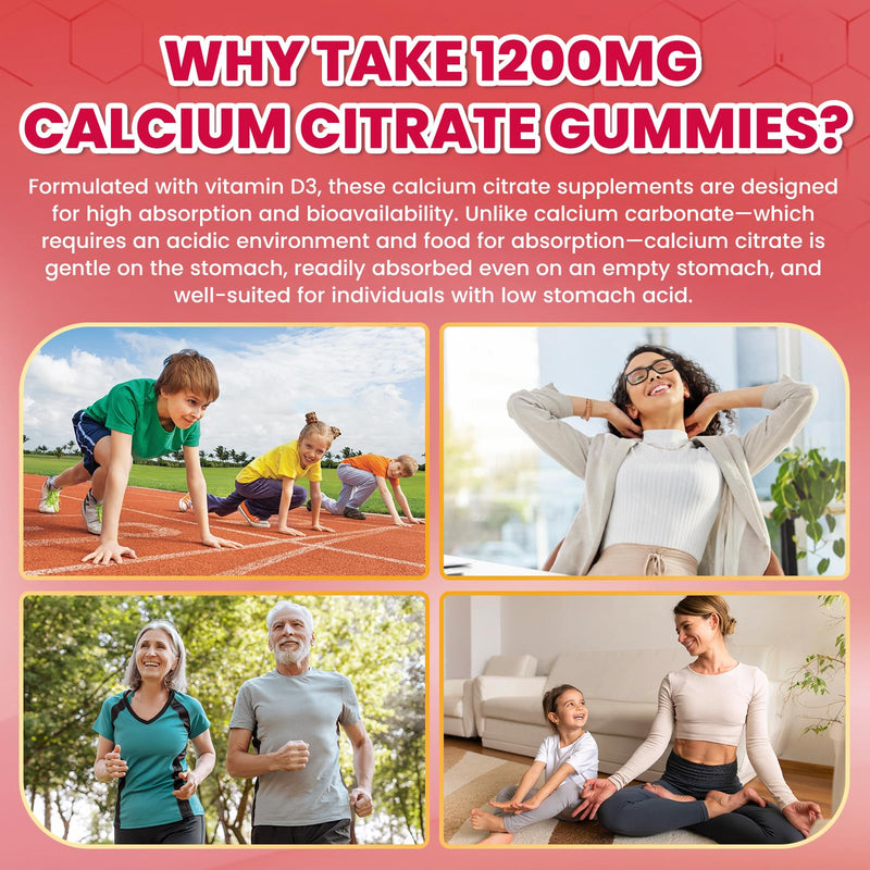 Calcium Citrate Gummies - 1200mg Calcium Gummies Supplements for Women & Men with Vitamin D3, K2, Magnesium, Zinc High Absorption for Bone, Muscle & Immune Support, Strawberry Flavor, 120 Count 60 Count (Pack of 2)