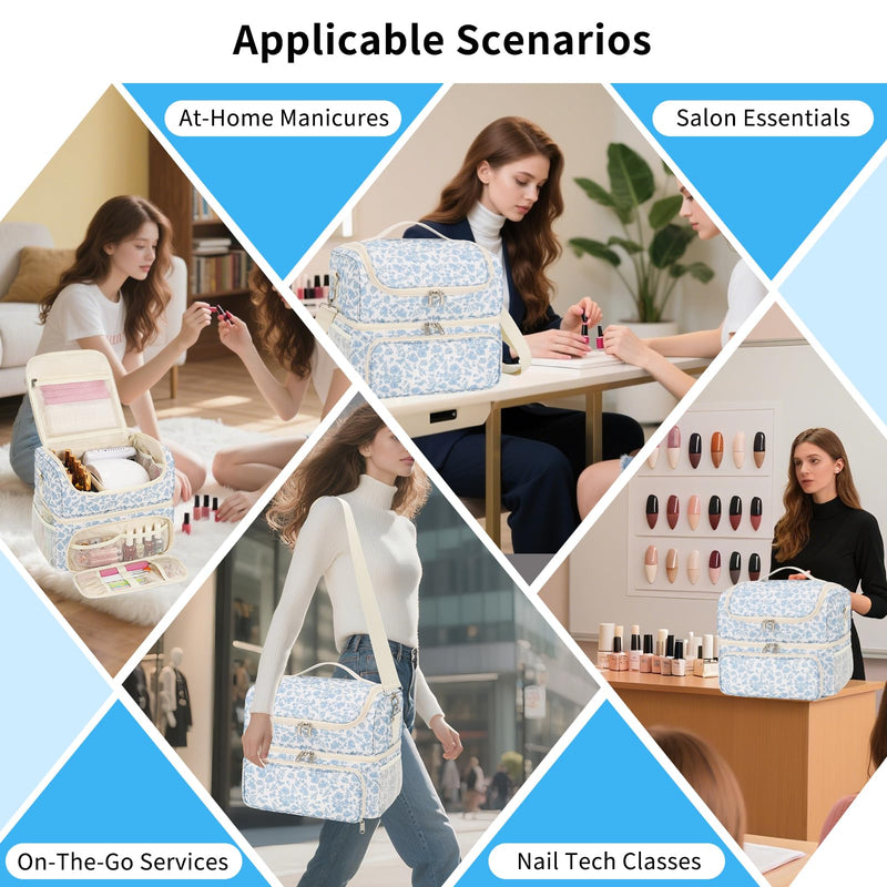 CUBETASTIC Nail Polish Organizer & Storage Bag for 48 Bottles & Full-Size Lamp, Double-Layer Travel Case Box for Nail Supplies, Manicure Kit & Pedicure Tools (Blue Floral, 48 Slots) Blue Floral