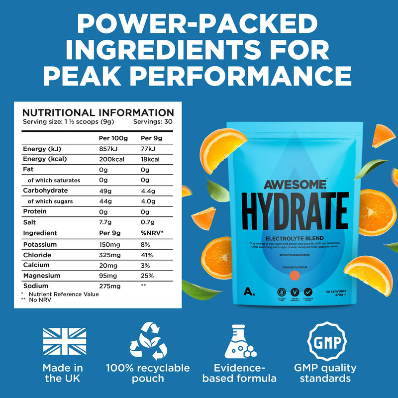 Awesome Hydrate – Vegan Electrolytes Powder – 270g Instant Electrolytes Powder – Sodium, Zero Calorie, Potassium Supplements – Vegan & Gluten-Free Hydration Supplement – (Orange Flavour, 270g) Orange
