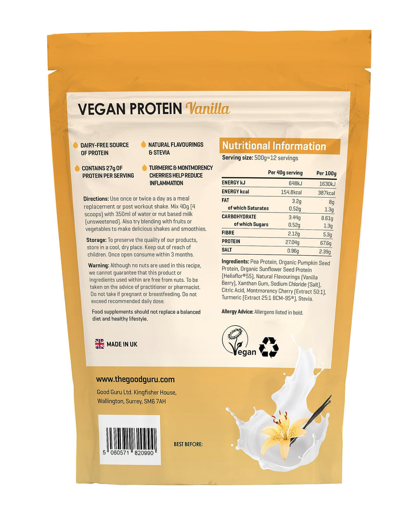 Vegan Protein Powder - 500g - Vanilla Flavour - Plant-Based High Protein Powder by The Good Guru