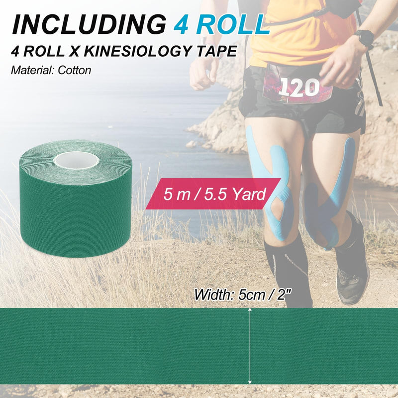 PATIKIL 5.5 Yard x 2 Inch Kinesiology Tape, 4 Roll Adhesive Cotton Sports Muscle Support Tapes Waterproof Elastic Tape for Knee Ankle Wrist Shoulder, Dark Green