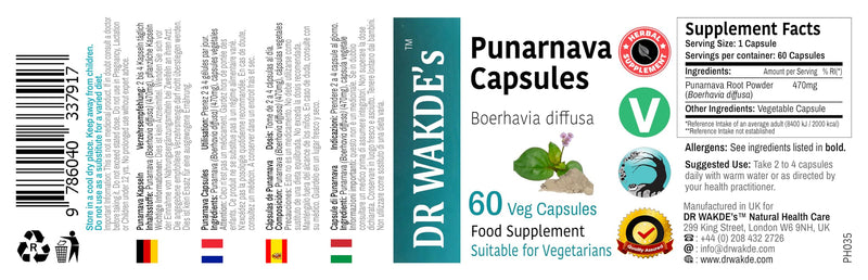 DR WAKDE'S Punarnava Capsules (Boerhavia diffusa) - 60 Veg Caps | Kidney & Urinary Tract Health Support* | Vegan, Plant-Based, All Natural