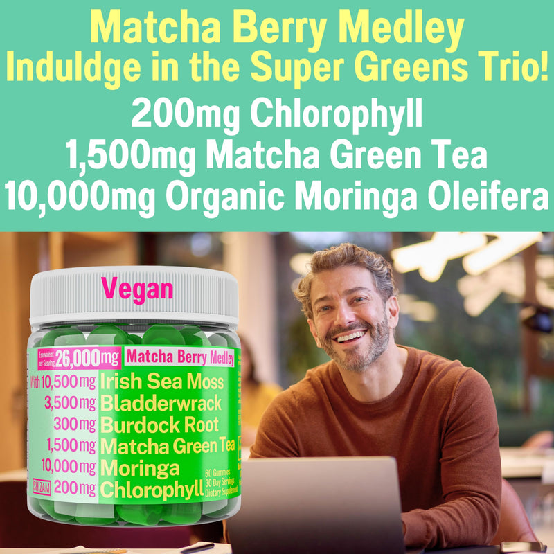 [Australia] - Moringa Irish Sea Moss Chlorophyll EGCg Green Tea Burdock Root Bladderwrack Super Greens Gummies, Powder Capsules Pills Liquid Drops Oil Tincture Supplement Supplements Alt, Organic Green Seamoss 