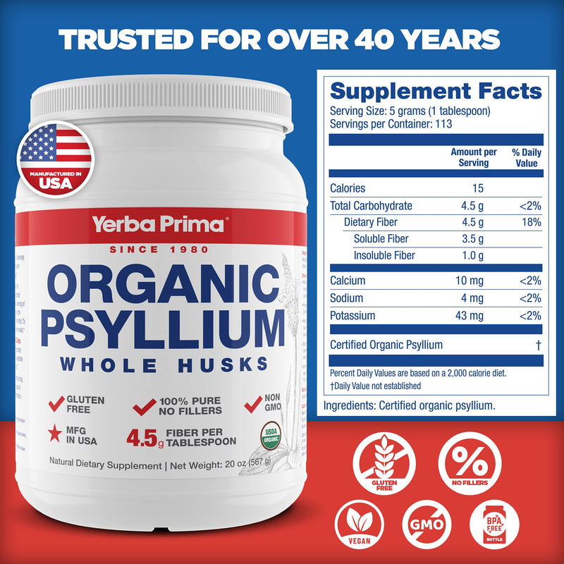 [Australia] - Yerba Prima Organic Psyllium Whole Husks Colon Cleanser - 20 oz - Natural Daily Dietary Fiber Supplement 20oz, Colon Cleanser, Regularity & Detox Cleansing Support, Gluten Free, Non GMO, Vegan 