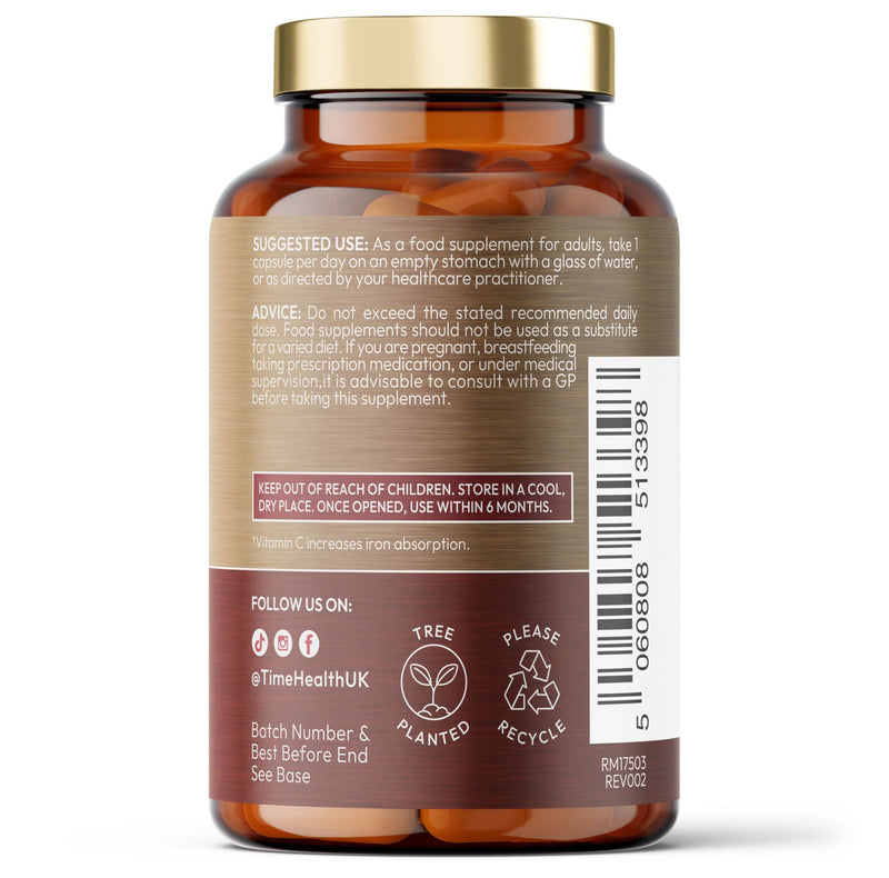 Gentle Iron – High Strength 24mg Iron Plus Natural Vitamin C – 180 Capsules - for Men and Women – Active & Bioavailable Form – UK Made Supplement – GMP Standards – Zero Additives – Vegan
