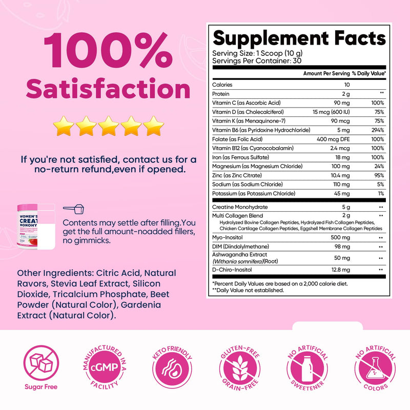 18 in 1 Creatine for Women with Collagen & Creatine Monohydrate 10.58 OZ | With Collagen, Myo & D-Chiro Inositol, Electrolytes & Vitamins for Strength, Recovery & Skin Support, Sugar Free 10.6 Ounce (Pack of 1) V1-strawberry Lemonade