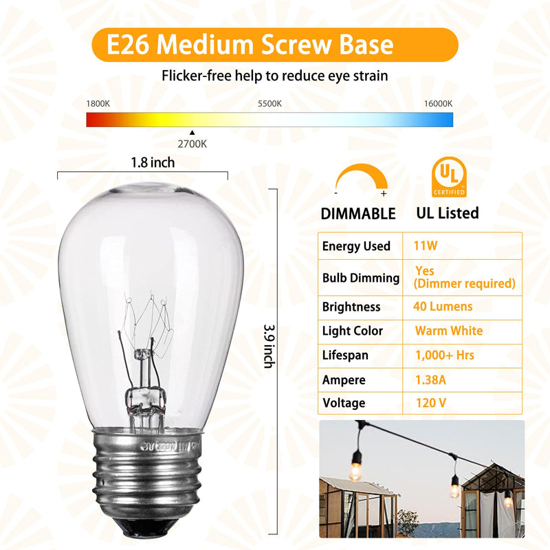 [Australia] - S14 Incandescent Edison Light Bulbs - 11W Vintage Clear Glass Bulbs with E26 Medium Screw‐Base, Warm Filament Replacement Bulbs for Outdoor Patio Garden String Lights, 20 Pack 