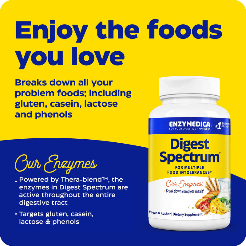 Enzymedica, Digest Spectrum, Digestive Enzymes, 90 Vegan Capsules, High Potency, Lab-Tested, Vegetarian, Soy-Free, Gluten-Free, Non-GMO