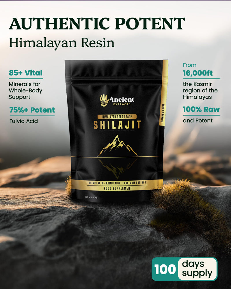 Ancient Extracts Shilajit Powder | Gold Grade – 75% Fulvic Acid | Energy, Focus, Recovery & Hormone Support | 85+ Trace Minerals | Tested for Purity & Safety | Sourced in the Kashmir Himalayas (50g)