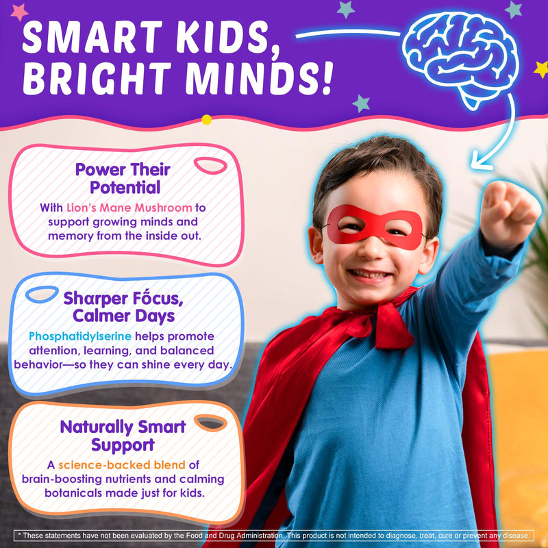 Kids Brain Gummies, Focus Supplement w/Lions Mane Mushroom, Brain Vitamins | Phosphatidylserine, B6, Methyl B12 & B9, Saffron for Focus & Attention, Cognitive, Vision, Energy, Sugar Free, Vegan, 120 Ct 60 Count (Pack of 2)