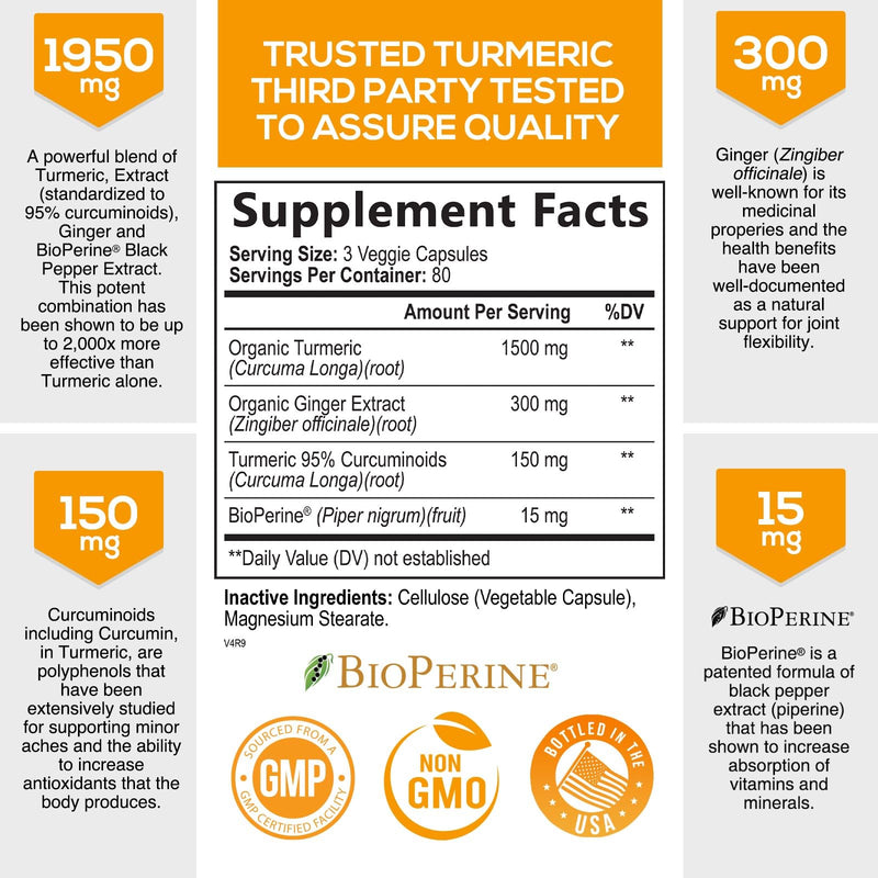 [Australia] - Turmeric Curcumin with BioPerine & Ginger 95% Curcuminoids 1950mg - Black Pepper Extract for Max Absorption, Nature's Joint Support Supplement, Herbal Turmeric Pills, Vegan Non-GMO - 240 Capsules 240 Count (Pack of 1) 