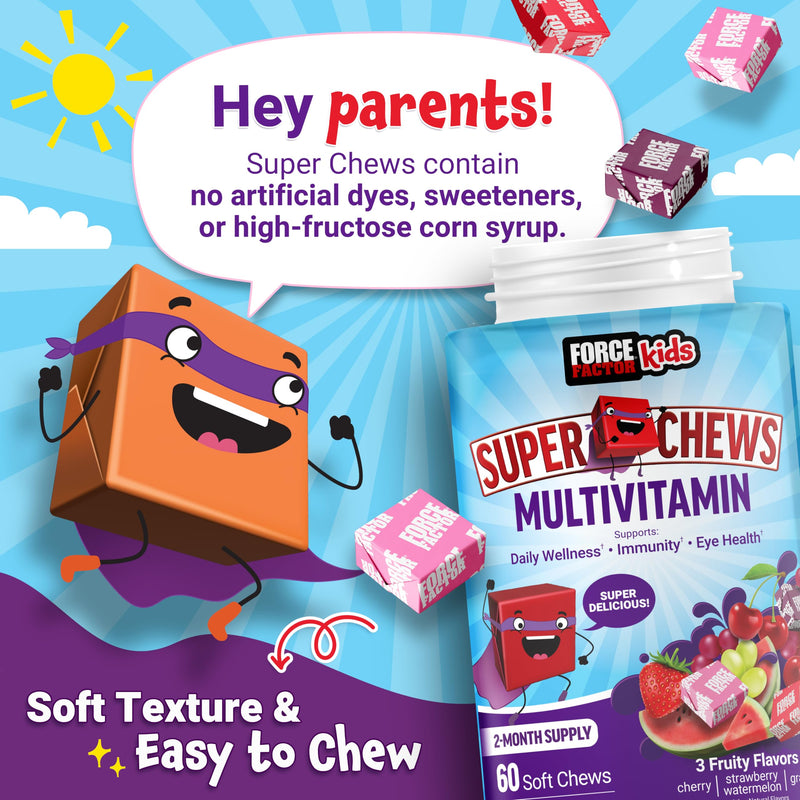 [Australia] - FORCE FACTOR Kids Multivitamin Super Chews, Kids Vitamins to Support Wellness, Immunity, Eye Health, & More with 18 Vitamins, Minerals, & Antioxidants, 2-Month Supply, Multi-Flavor, 60 Soft Chews 