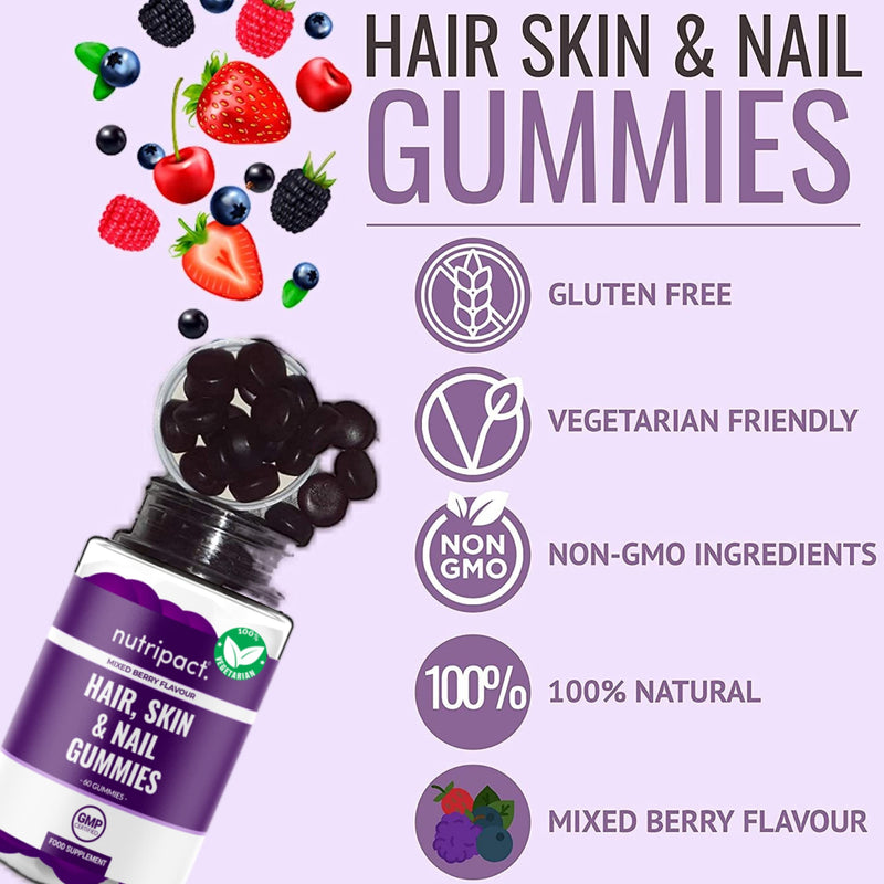 Hair, Skin & Nail Beauty Gummies - Biotin, Zinc, Vitamin D3, Selenium, Vitamin C - 60 Vegetarian Berry Chewable Vitamins - Multivitamins & Minerals Supplement - Gluten, Dairy, Soy & GMO Free