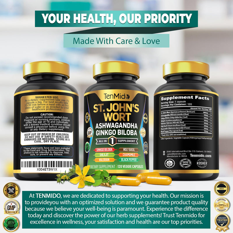 [Australia] - St.John's Wort Supplement - 8in1 Formula - Combine with Ashwagandha, Ginkgo Biloba, Shilajit, Valerian, Holy Basil, Chamomile, and Black Pepper - 120 Vegan Capsules for 4 Months Supply 