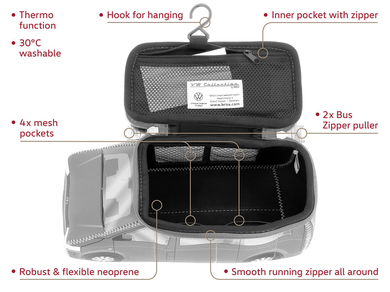 BRISA VW Collection - T5 T6 Bus Camper Toiletry Bag Cosmetic Case | Volkswagen Toiletry Bag Cosmetic Case, Water-Repellent, Hanging Hook, 4 Mesh Pockets for Travel, Neoprene, Blue/Large