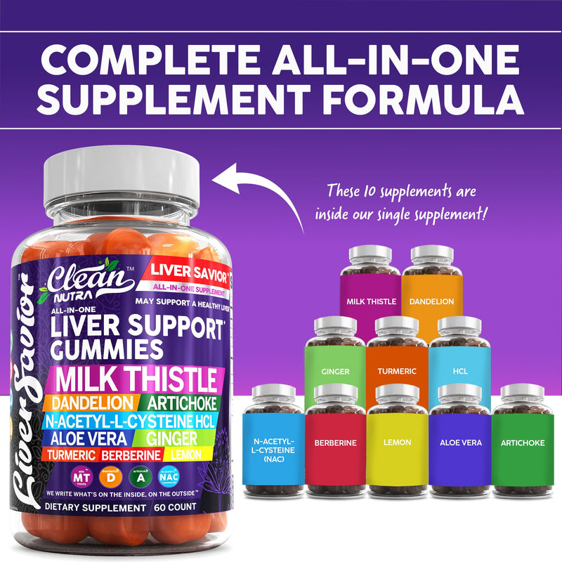 [Australia] - Clean Nutra Liver Cleanse Detox & Repair Gummies | Milk Thistle Gummy Liver Support Vitamins | Dandelion, Artichoke, Aloe Vera, Ginger, Berberine, Lemon, N-Acetyl-L-Cysteine, Turmeric Supplement HCL 1 