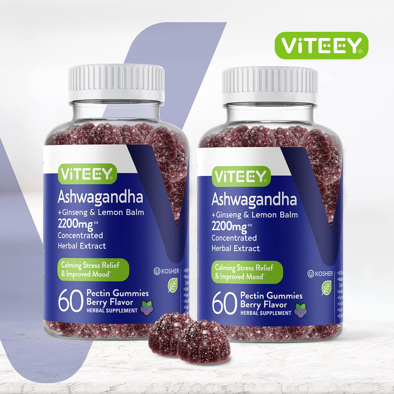 [Australia] - Viteey Ashwagandha Gummies with Ginseng & Lemon Balm - Mood, Calm & Stress Support Ashwagandha Supplements - Vegan, Gluten-Free - 120 Count 60 Count (Pack of 2) 