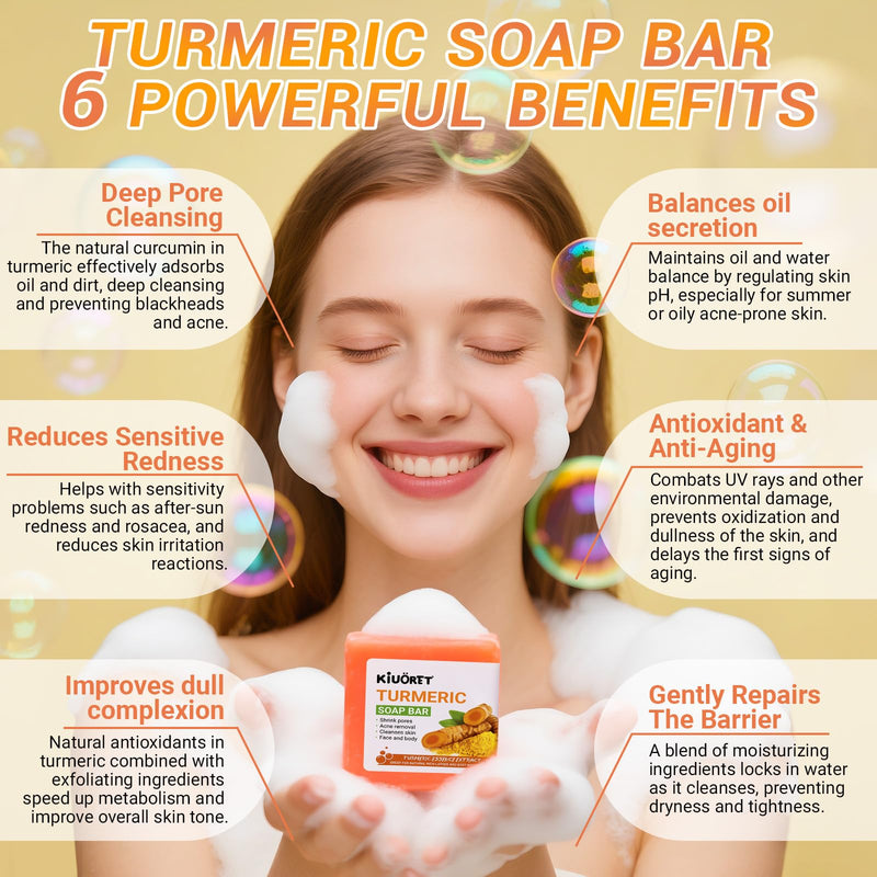 3PCS Turmeric Soap & Serum Set - Turmeric Face Serum + 2 Turmeric Soap Bars with Vitamin C & E - Deep Cleanses Pores, Reduces Acne, Controls Oil, Soothes Skin - Hydrating Facial Kit for All Skins Turmeric+3Pcs