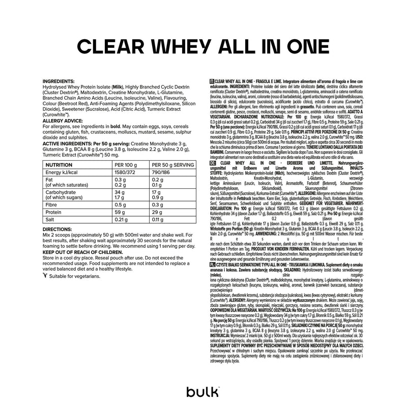 Bulk Clear Whey All in One, Protein Powder Shake with Creatine, Glutamine, BCAA, Carbohydrates, Strawberry & Lime, 500 g, 10 Servings, Packaging May Vary