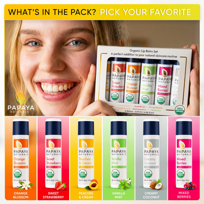 Papaya Naturals USDA Organic Lip Balm Set, 6 Pack – Organic Beeswax, Cocoa Butter & Vitamin E Lip Balm for Dry Lips – Moisturizing Natural Lip Care with Assorted Fruit Flavors