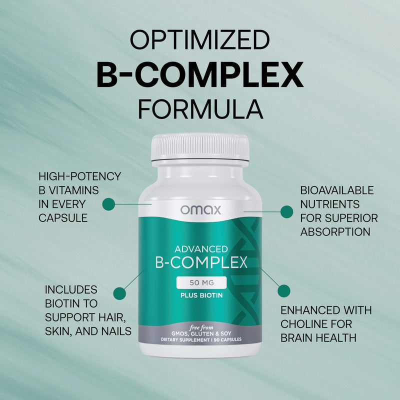 Omax3 Advanced Vitamin B Complex 50 mg with Biotin, 90 Capsules 2-Pack | Strong Hair, Skin & Nails, Energy Metabolism, Immune Health & Everyday Stress Support 90 Count (Pack of 2)
