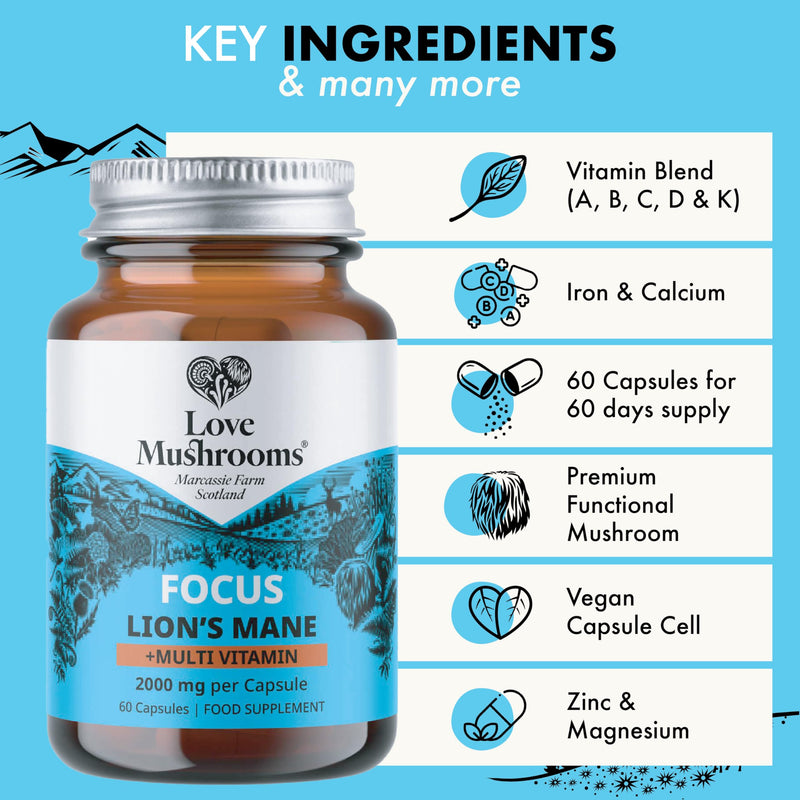 Lion’s Mane Plus Multivitamin 2,000mg Capsules | Mushroom & Vitamin Complex with B12, D3, Zinc & Magnesium for Cognitive, Immune & Energy Support | Vegan, UK Made | 60 Capsules