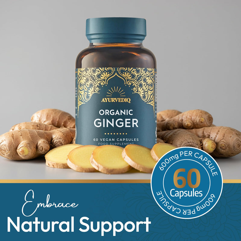 Ayurvediq Organic Ginger Root Capsules 600mg 100% Soil Association Organic Ginger Supplements High Strength Formula - Health and Wellbeing Supplements for Digestive Relief, Anti Inflammatory, 60 caps 60 count (Pack of 1)