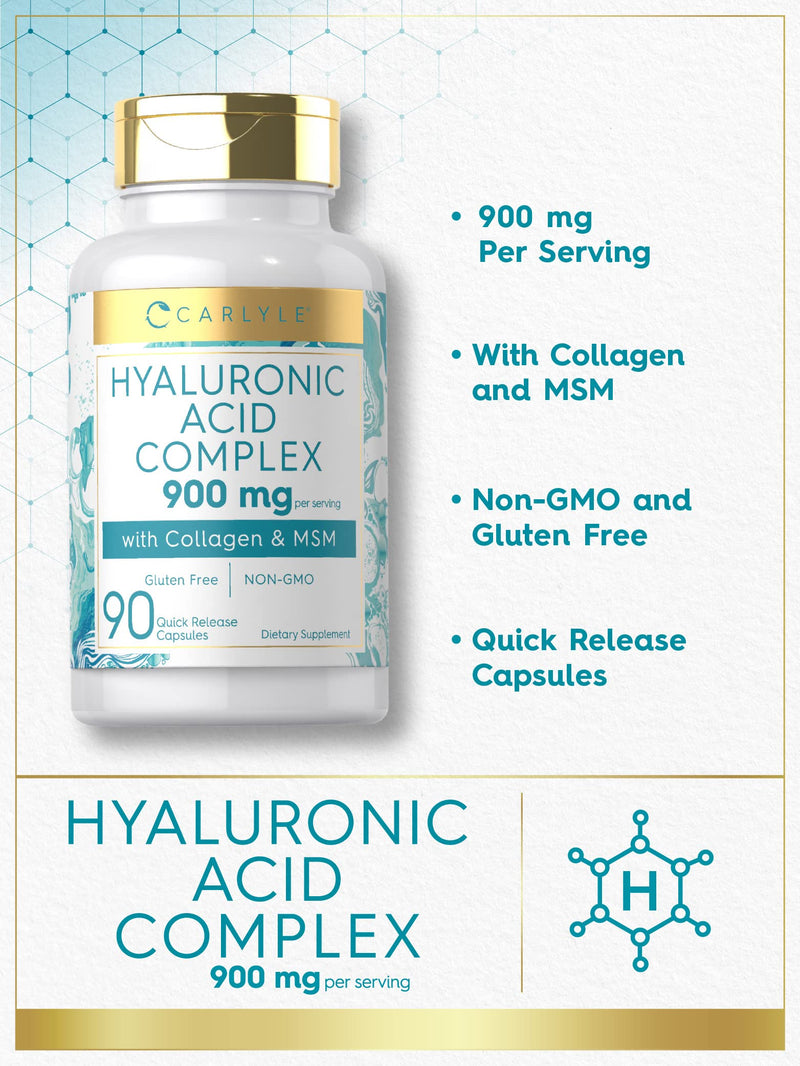 Carlyle Hyaluronic Acid with Collagen 900mg | 90 Capsules | with MSM | Hydrolyzed Collagen Complex | Non-GMO, Gluten Free Supplement