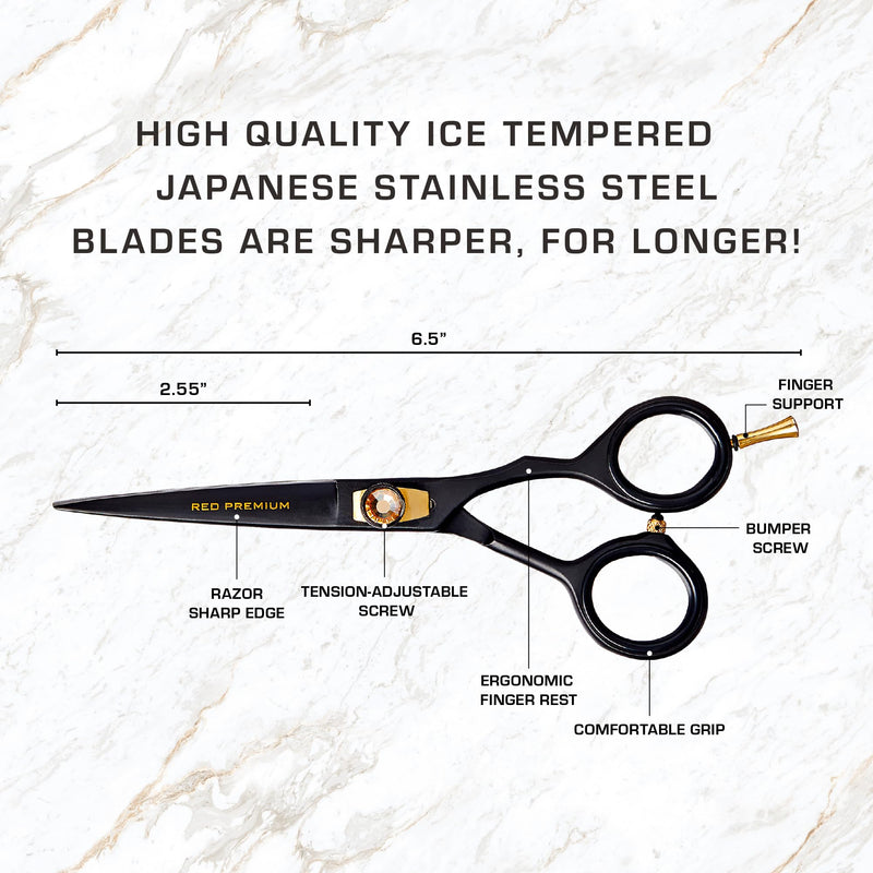 Red by Kiss Premium Artisan Professional Hair Shears, Ice Tempered Japanese Stainless Steel Scissors, Sharp Blades for Precise Cutting, Ergonomic & Adjustable Tension Screw (Straight, 6.5in) Straight