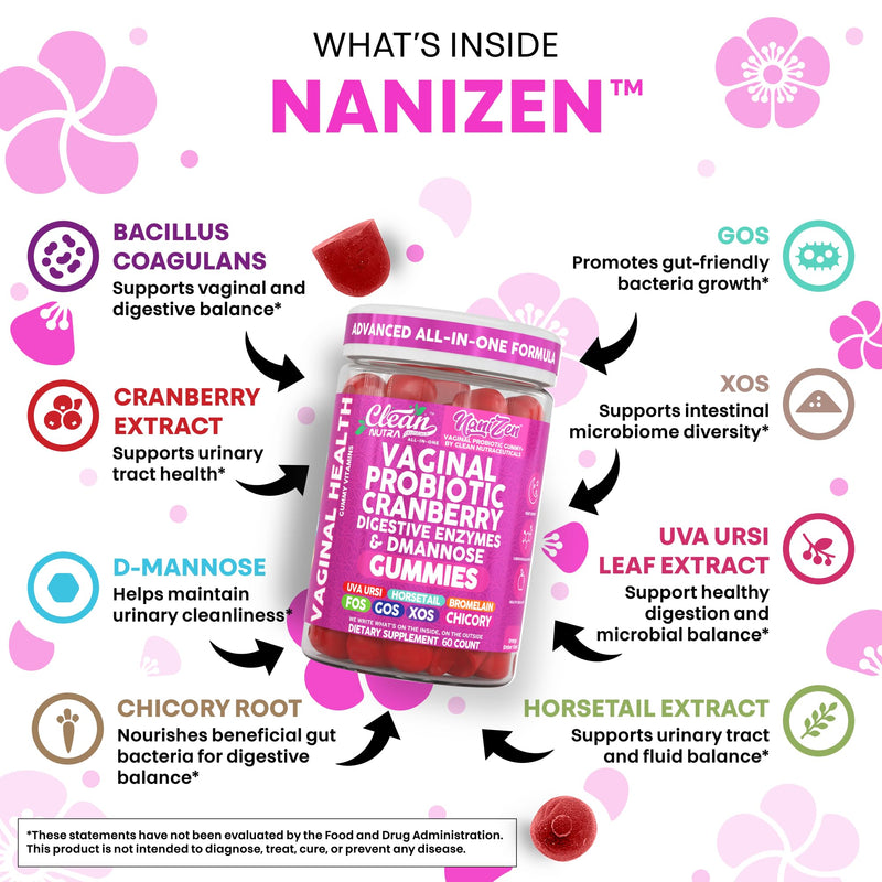Clean Nutra Vaginal Probiotic Gummies for Women Cranberry Digestive Enzymes D Mannose Womens Probiotic Dmannose Horsetail Bromelain Chicory Fiber Feminine Care Prebiotics Inulin Papaya Enzyme Gummy