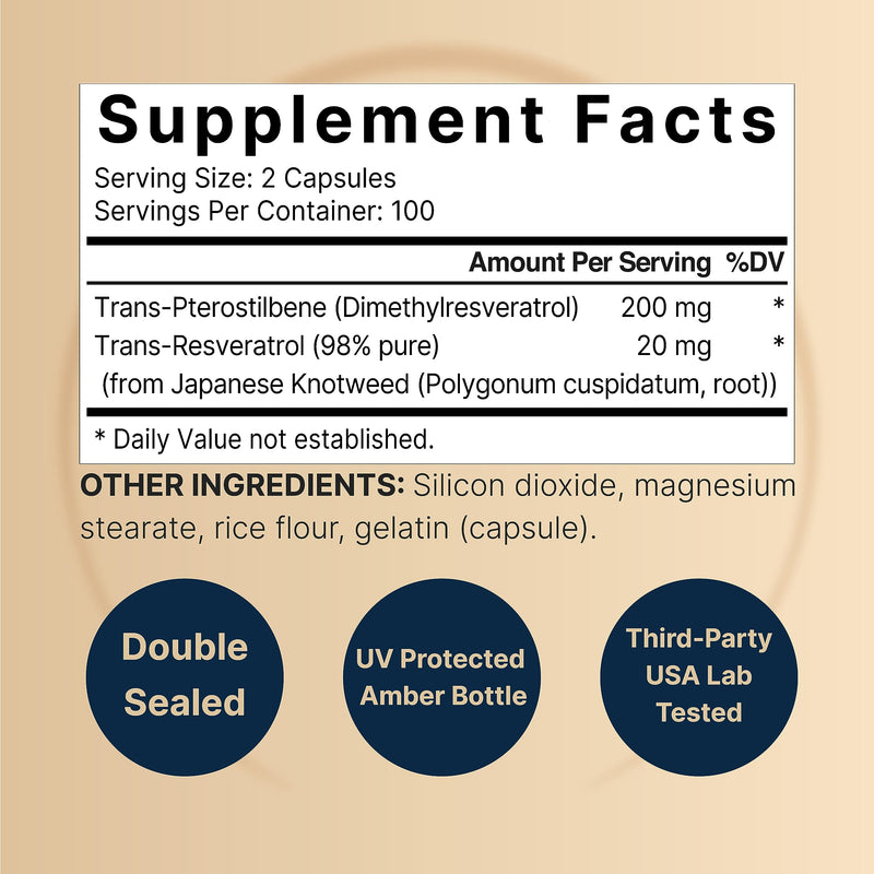 Pterostilbene with 98% Trans-Resveratrol, 200mg Per Serving, 200 Capsules | Naturally Sourced from Wild Blueberries – Antioxidant Supplement for Healthy Aging Support – Non-GMO