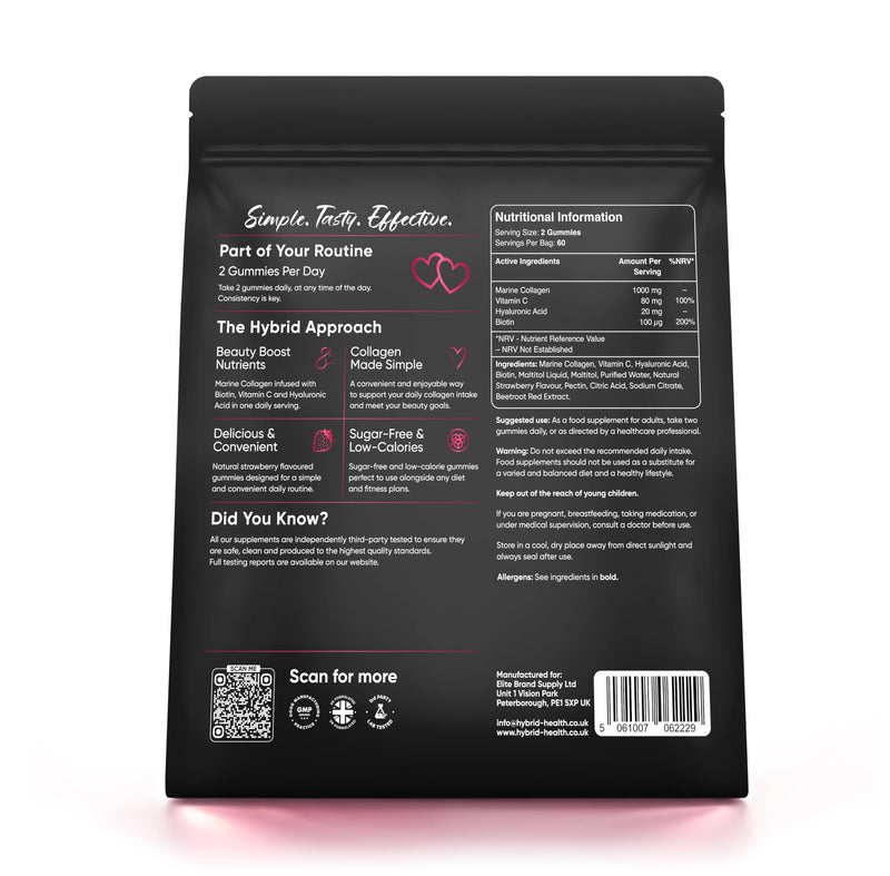 Hybrid Health Marine Collagen Gummies for Women - 2 Months Supply, 120 Gummies with Vitamin C, Hyaluronic Acid & Biotin, Strawberry Flavour, Sugar-Free Collagen Gummies