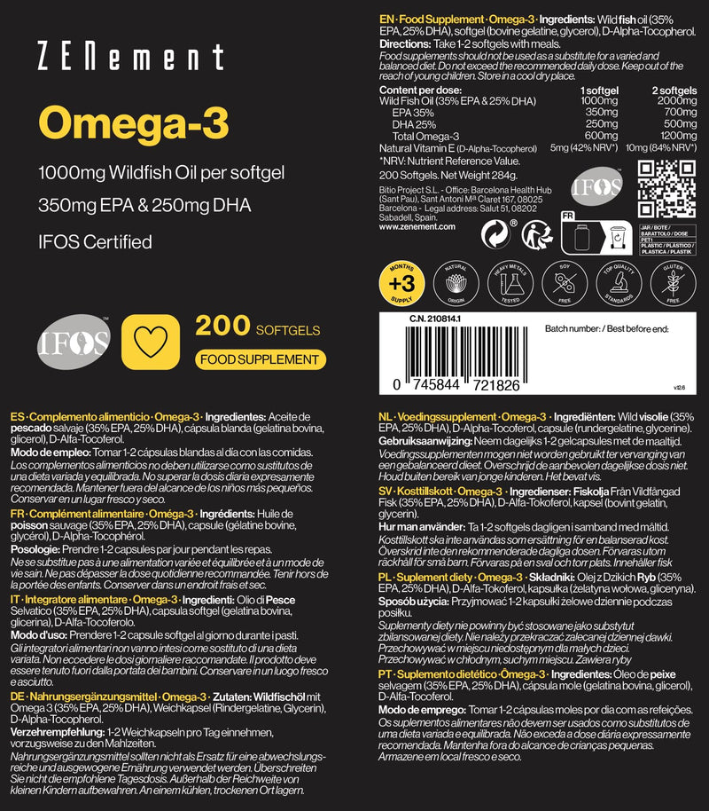 Omega 3 IFOS – 2000 mg (EPA 700 mg + DHA 500 mg) per Daily Dose (2 Softgels) – Supports Normal Triglyceride Levels – with Natural Vitamin E Antioxidant – Zenement