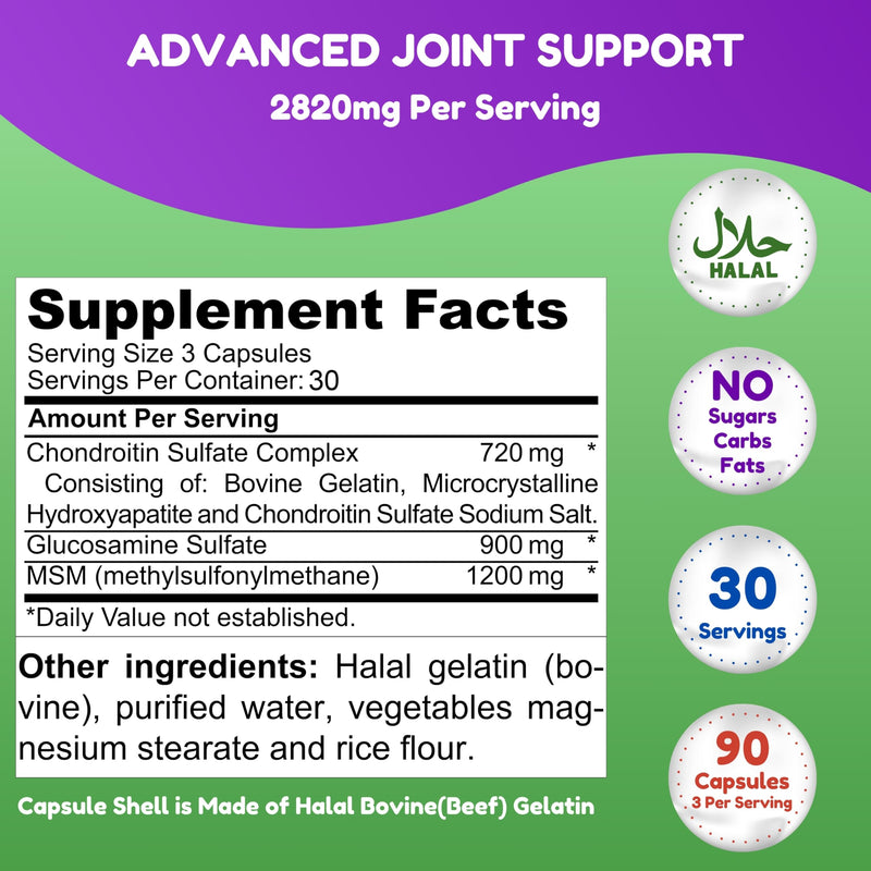 SHIFAA NUTRITION Halal Joint Support Supplement w/Glucosamine Chondroitin MSM | 2820mg 30 Servings | Non-GMO 90 Count (Pack of 1)