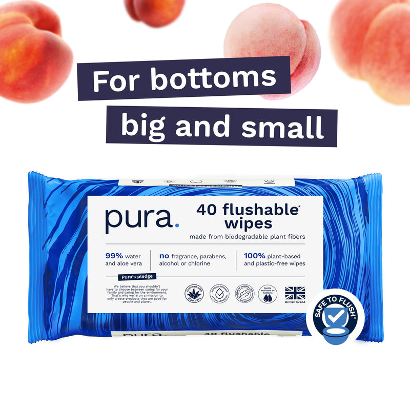 Pura Flushable Wipes 1 x 40 Toilet Wipes, 100% Plastic Free Moist Toilet Tissue, 99% Water, Totally Chlorine Free & Fragrance Free, Sensitive Skin 40 Count (Pack of 1)