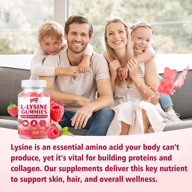 [Australia] - L-Lysine 1000mg Gummies for Immune Support & Skin Health - Vegan, Gluten Free Amino Acid Supplement for Adults, Raspberry Flavor, 60 Gummies 1pack 