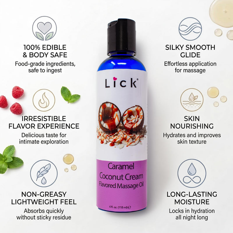 Caramel Coconut Cream Flavored Massage Oil – Tropical Edible Massage Oil with Sweet Almond Oil & Vitamin E, Hydrating Body-Safe Formula for Relaxing Couples Massage, 4 oz