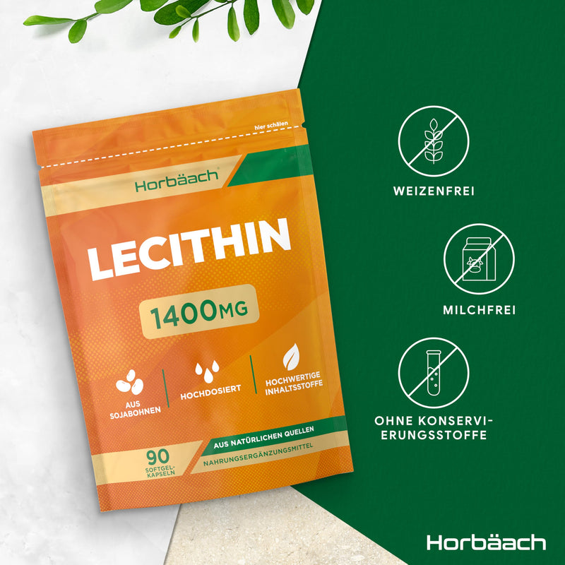 [Australia] - Lecithin capsules 1400mg | High dosage | 90 soy lecithin softgels | Breastfeeding vitamins with vitamin E | Soy lecithin | Horbaach 